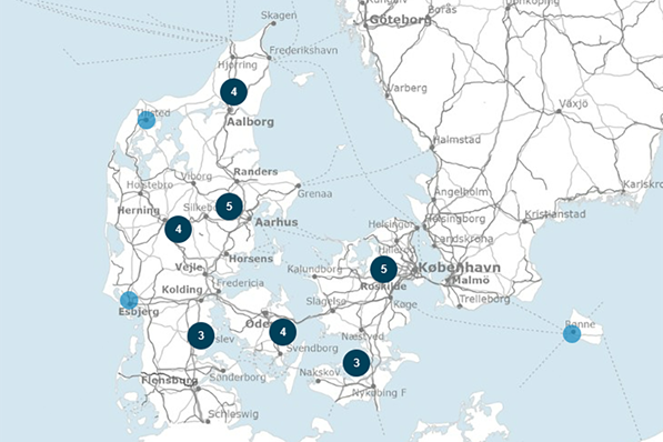 Kort over teststederne i Danmark
